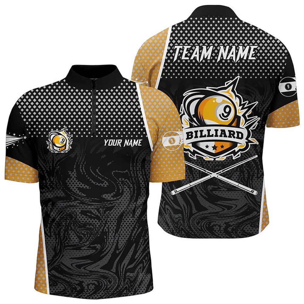 Yellow Black 9 Ball Pool Jersey Shirts, Billiard 9 Ball Team Jerseys, Personalized Billiard Team Jersey Shirt