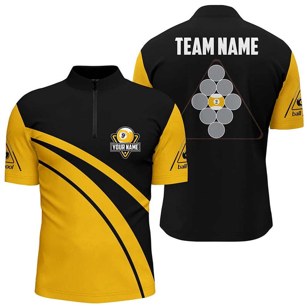 Yellow Black 9 Ball Pool Jersey Shirts, Custom Billiard 9 Ball Team Jerseys, Personalized Billiard Team Jersey Shirt