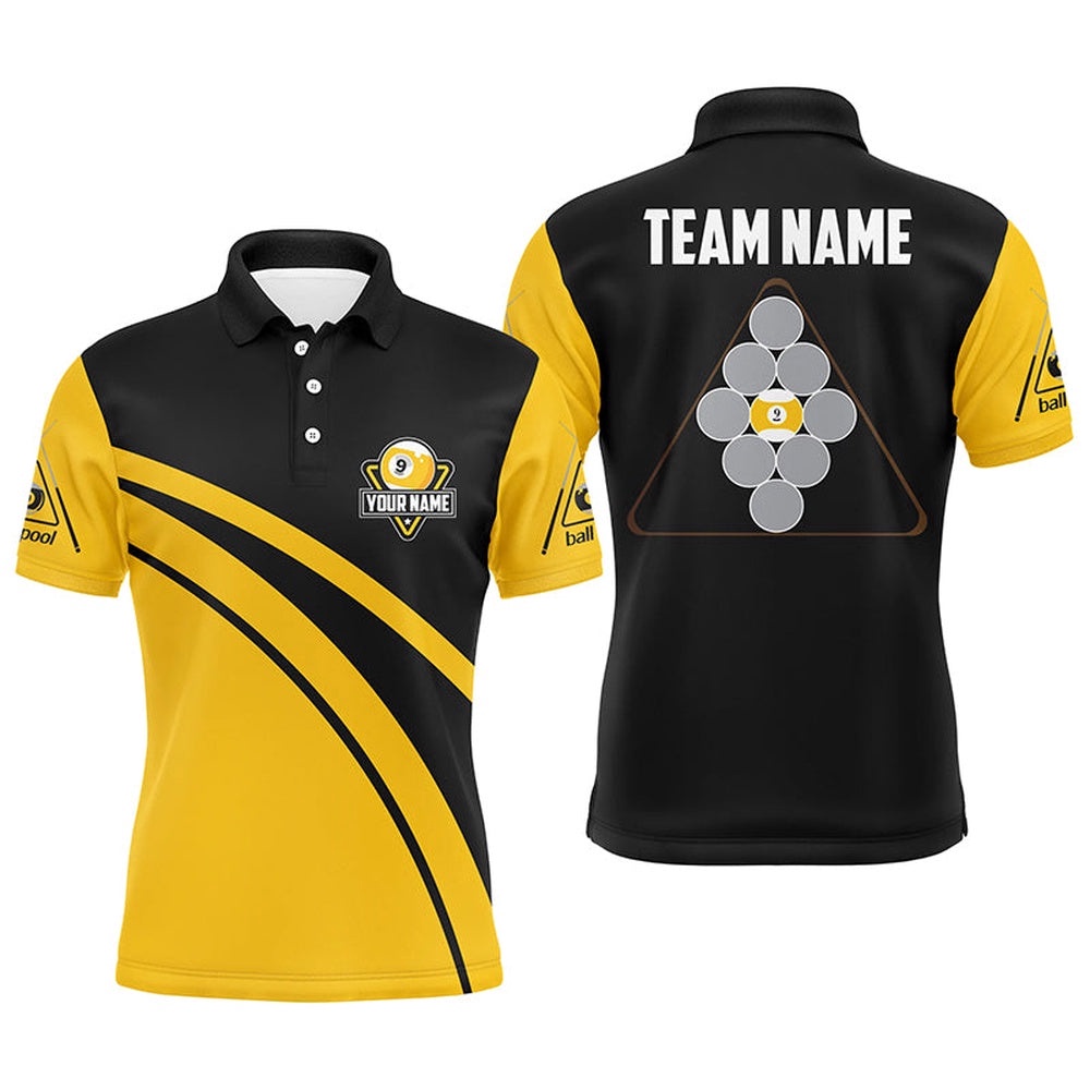 Yellow Black 9 Ball Pool Polo Shirts, Custom Billiard 9 Ball Team Polo, Personalized Billiard Polo Shirt