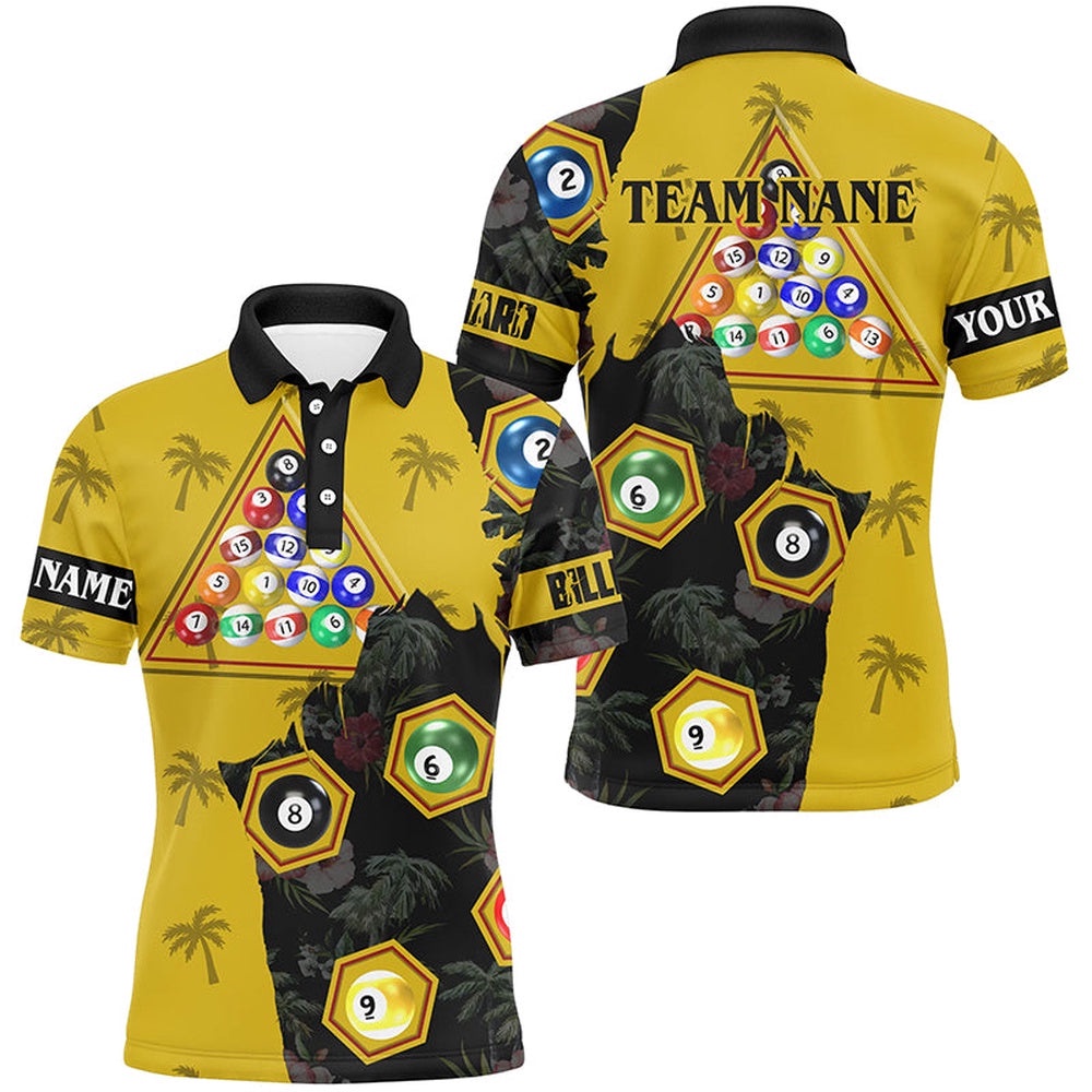 Yellow Black Funny Billiard Balls Pool Shirts, Best Billiard Team Shirts, Personalized Billiard Polo Shirt