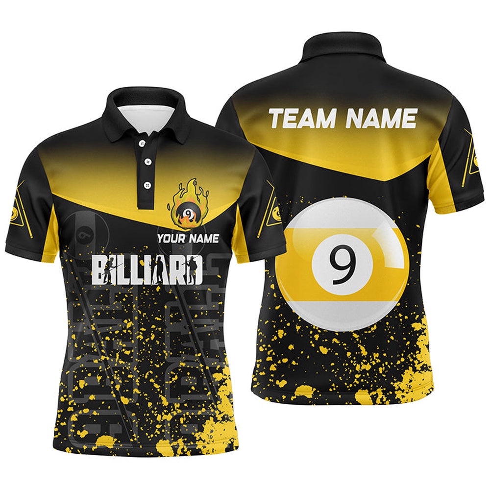 Yellow Fire 9 Ball Pool 9 Ball Billiard Team Shirts, Personalized Billiard Polo Shirt