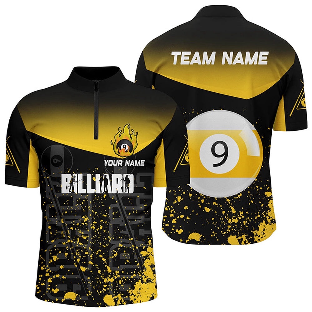 Yellow Fire 9 Ball Pool 9 Ball Billiard Team Shirts, Personalized Billiard Team Jersey Shirt
