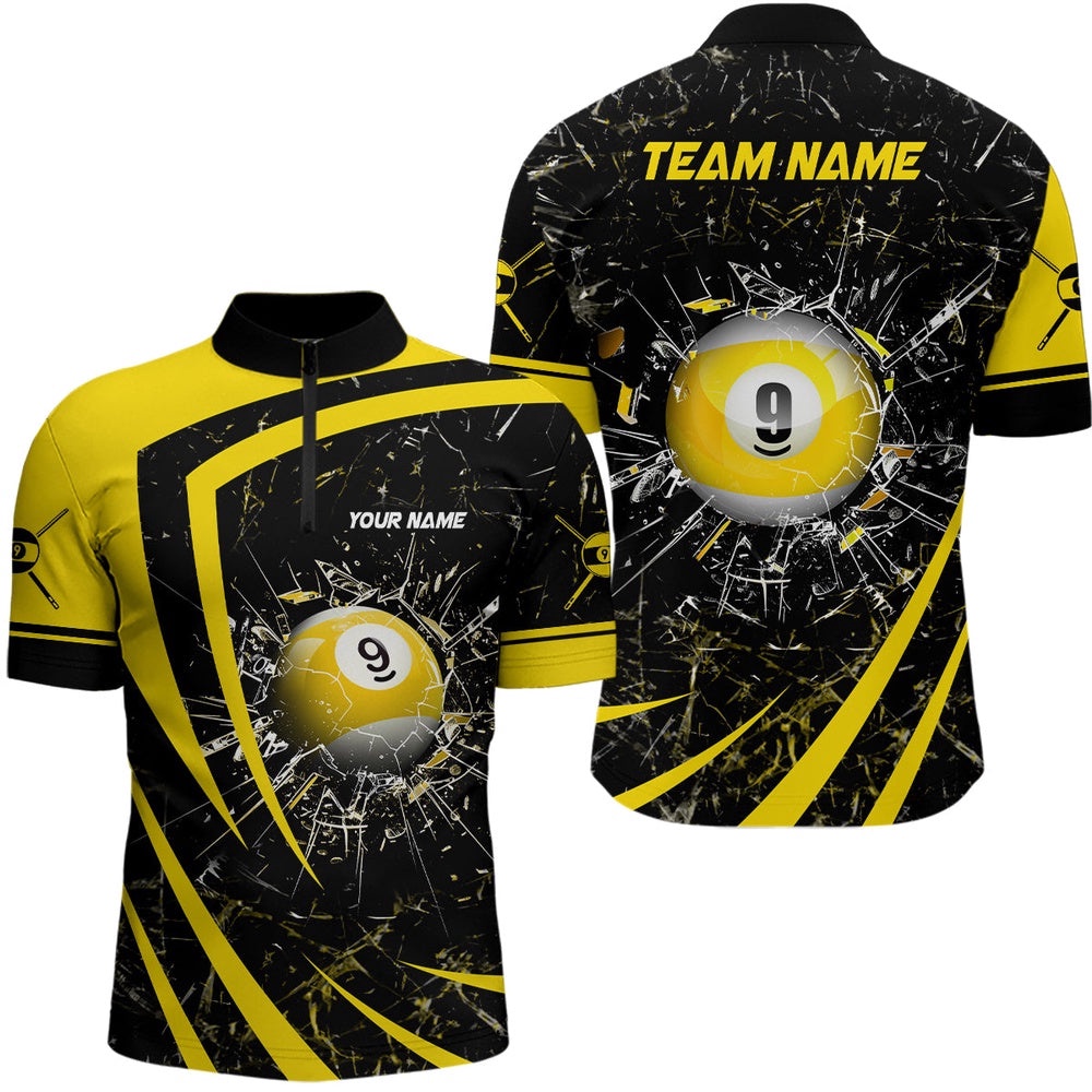 Yellow Glass Break 9 Ball Pool 3D Jersey Shirts Billiards 9 Ball Team Jerseys, Personalized Billiard Team Jersey Shirt