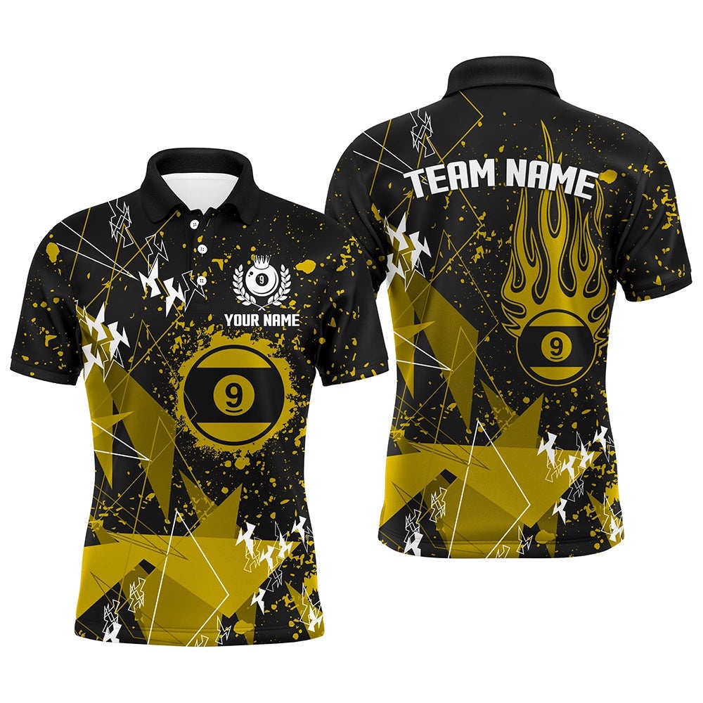 Yellow Grunge 9 Ball Custom Billiard Polo For Pool Player, Personalized Billiard Polo Shirt