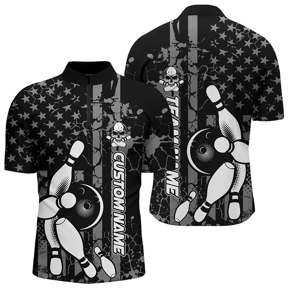 American Flag Black And White Bowling Jersey For Men, Patriotic Bowling Team Jersey, Custom Bowling Team Jersey Shirt