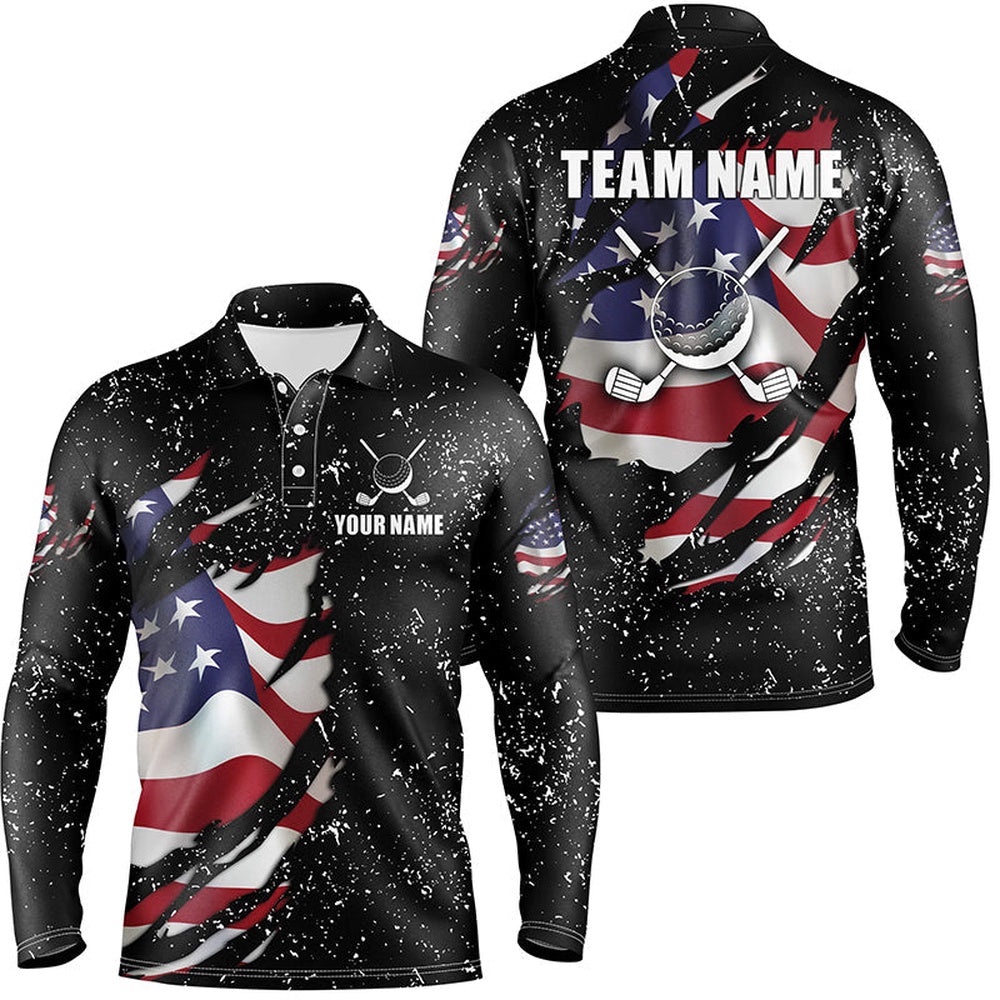 American Flag Black Grunge Pattern Golf Clubs Men’s Golf Polo Shirts Custom Best Men’s Golf Tops, Golf Polo Shirt, Golf Shirts