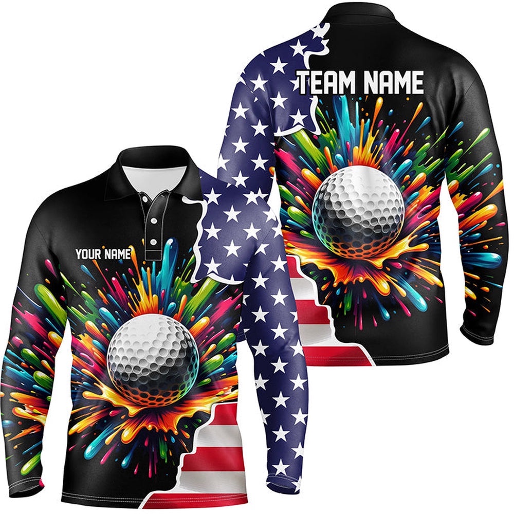 American Flag Black Men’s Golf Polo Shirts Custom Colorful Paint Golf Shirts, Patriot Golf Tops For Men, Golf Polo Shirt, Golf Shirts