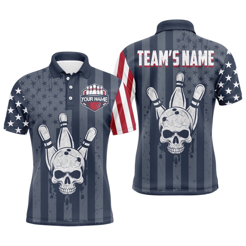 American Flag Bowling Shirt Men Skull Bowling Polo Shirt Team Custom Bowling Polo Shirt, Personalized Bowling Team Shirt