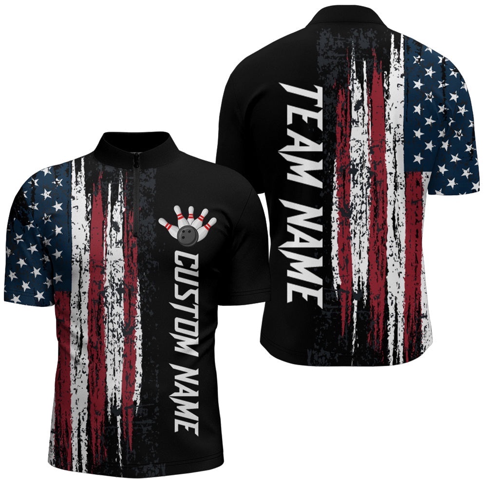 American Flag Bowling Shirts For Men & Women Patriotic Zip Bowling Team Jersey, Custom Bowling Team Jersey Shirt