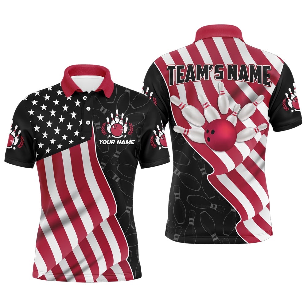 American Flag Bowling Shirts Men Team Bowling Polo Shirt Custom Black Bowling Polo Shirt, Personalized Bowling Team Shirt