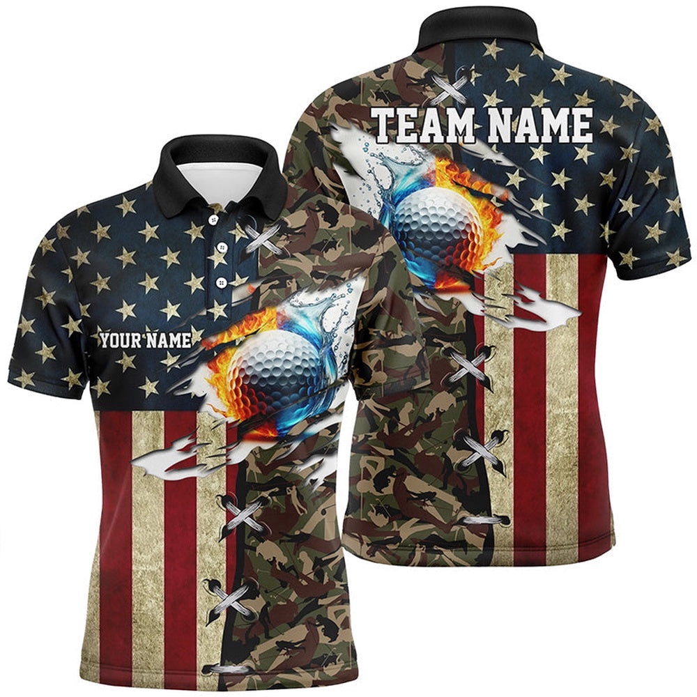 American Flag Camo Men’s Golf Polo Shirts Custom Fire Water Golf Ball Team Golf Shirts, Golf Polo Shirt, Golf Shirts