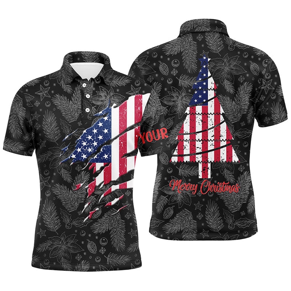 American Flag Christmas Men’s Golf Polo Shirt Custom Retro Patriotic Golf Shirts For Men Golf Gifts, Golf Polo Shirt, Golf Shirts