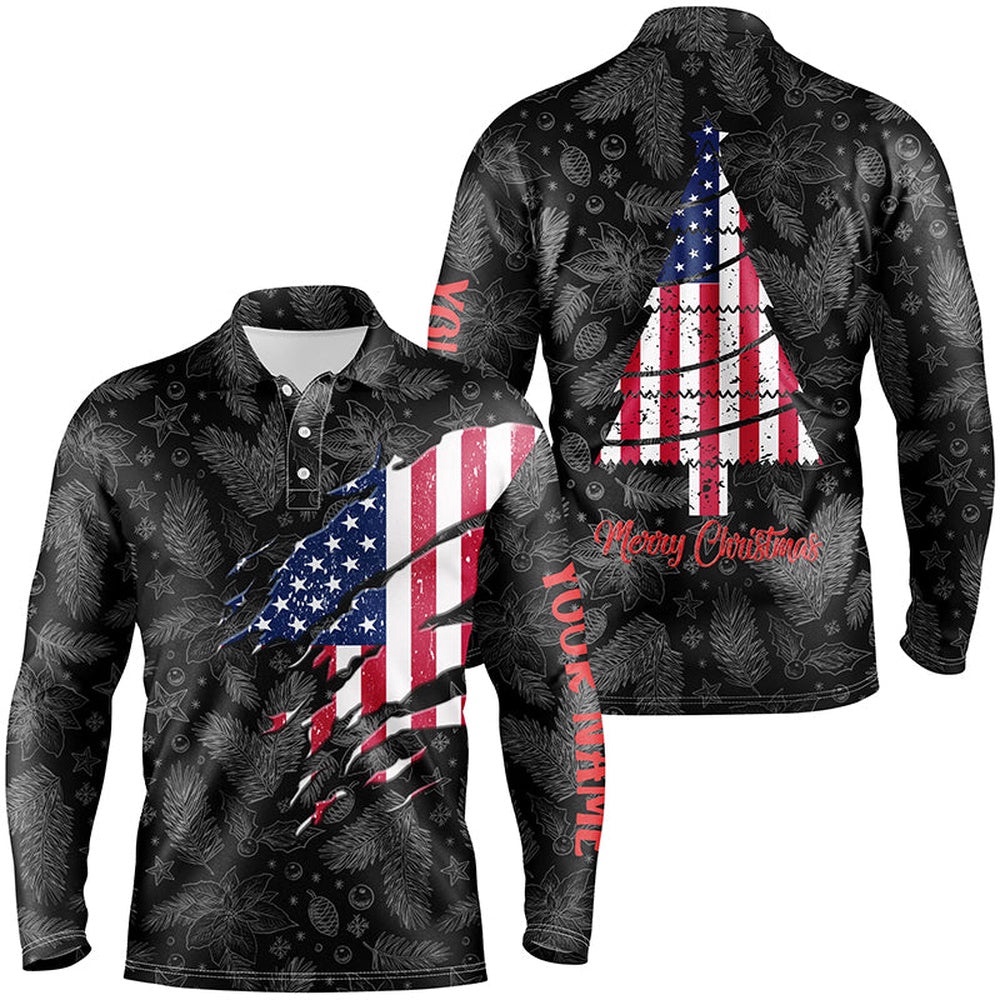 American Flag Christmas Men’s Golf Polo Shirt Custom Retro Patriotic Golf Shirts For Men Golf Gifts, Golf Polo Shirt, Golf Shirts
