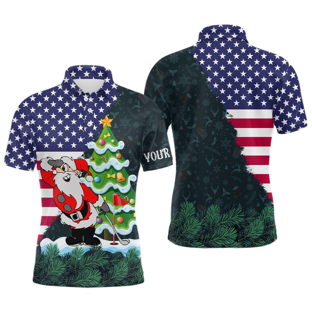 American Flag Christmas Santa Golf Pattern Custom Men’s Christmas Golf Apparel, Golf Polo Shirt, Golf Shirts