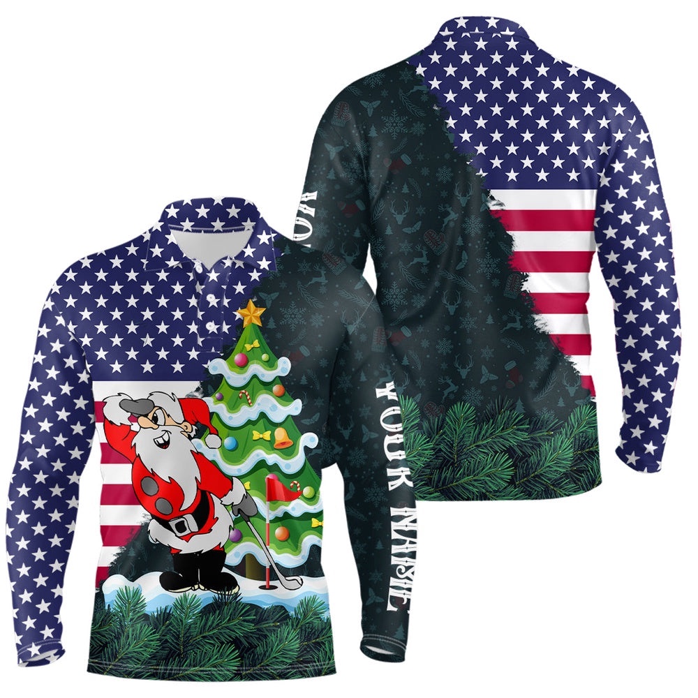 American Flag Christmas Santa Golf Pattern Custom Men’s Christmas Golf Apparel, Golf Polo Shirt, Golf Shirts