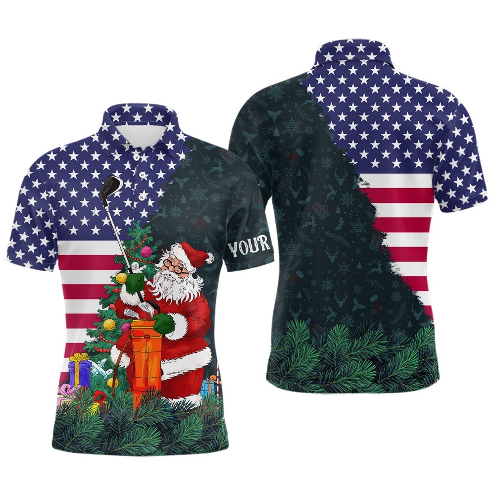 American Flag Christmas Santa Golf Pattern Custom Men’s Xmas Golf Outfits Men, Golf Polo Shirt, Golf Shirts