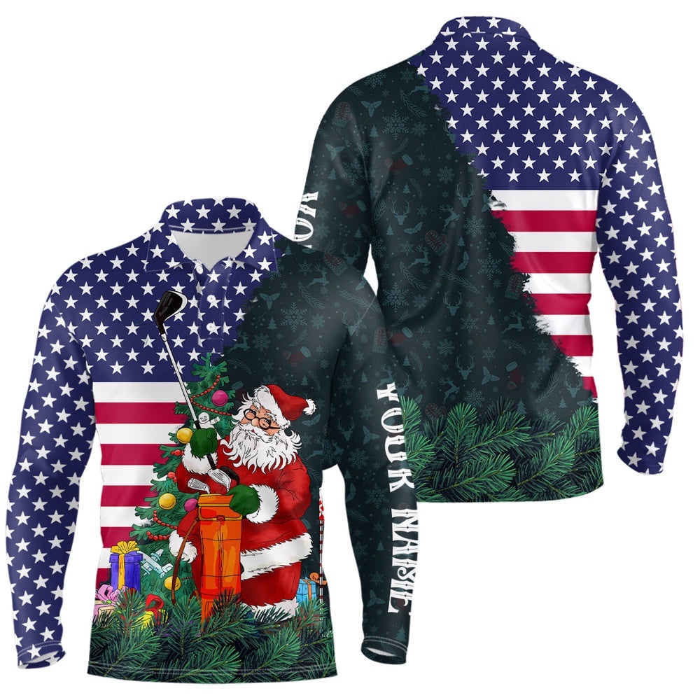 American Flag Christmas Santa Golf Pattern Custom Men’s Xmas Golf Outfits Men, Golf Polo Shirt, Golf Shirts