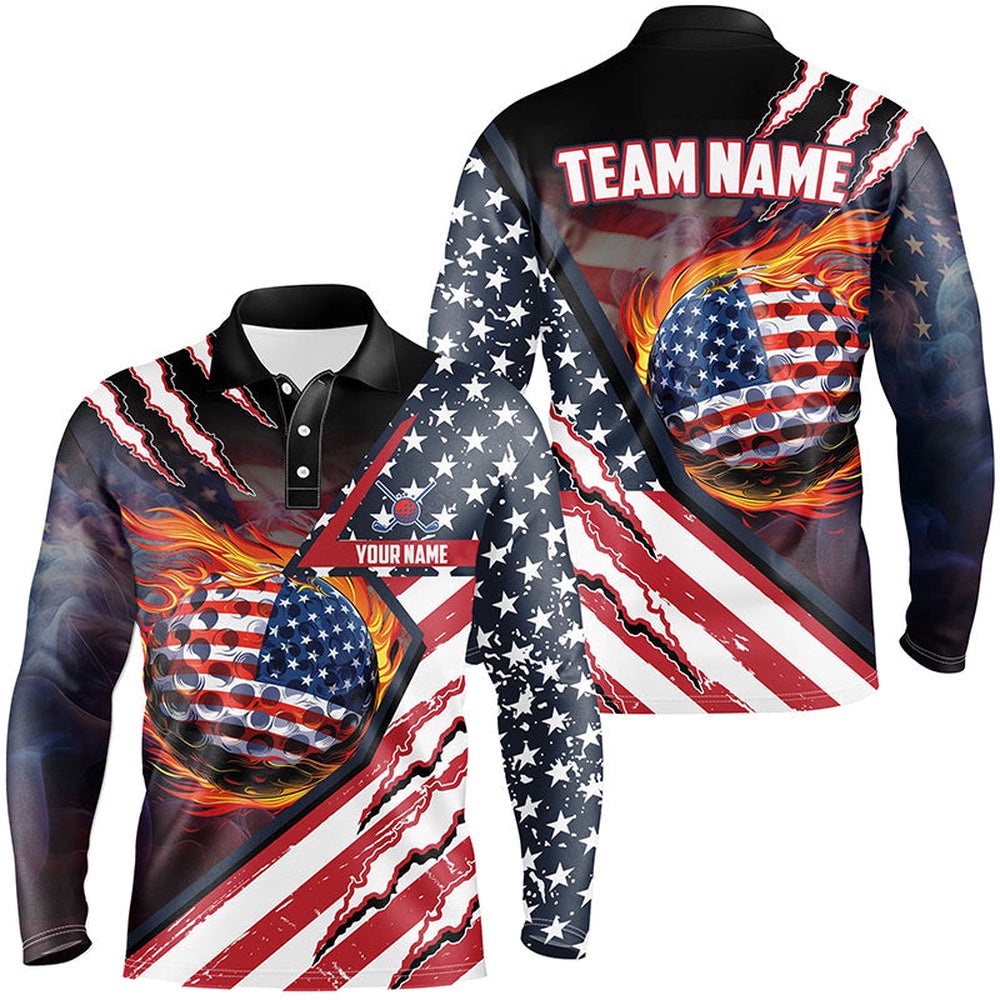 American Flag Flame Golf Ball Men’s Golf Polo Shirts Custom Golf Outfits For Men, Patriotic Golf Gifts, Golf Polo Shirt, Golf Shirts