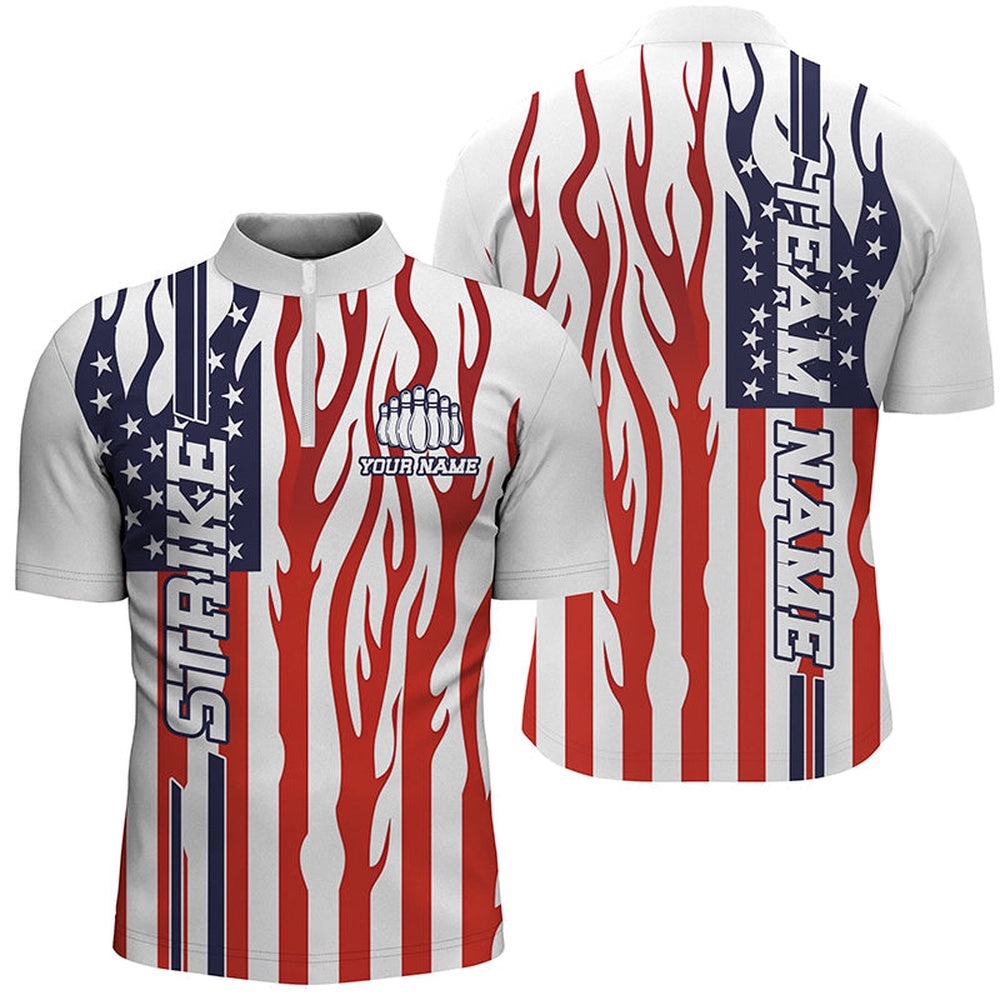 American Flag Flame Unisex Bowling Team Shirts, Patriotic Bowlers Outfits, Custom Bowling Team Jersey Shirt