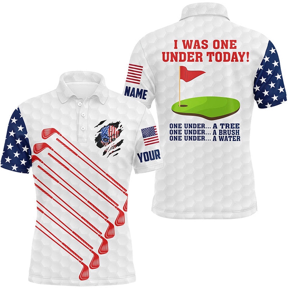 American Flag Golf Clubs Custom Men’s Golf Polo Shirt I Was One Under Today One Under A Tree Bush Water, Golf Polo Shirt, Golf Shirts