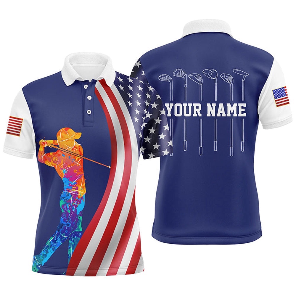American Flag Golf Clubs Men’s Golf Polo Shirt Custom Watercolor Golf Clothes For Men, Golf Polo Shirt, Golf Shirts