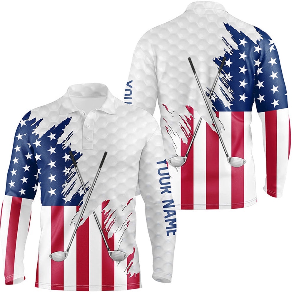 American Flag Golf Clubs Patriotic Custom Name White Men’s Team Men’s Golf Tops, Golf Polo Shirt, Golf Shirts