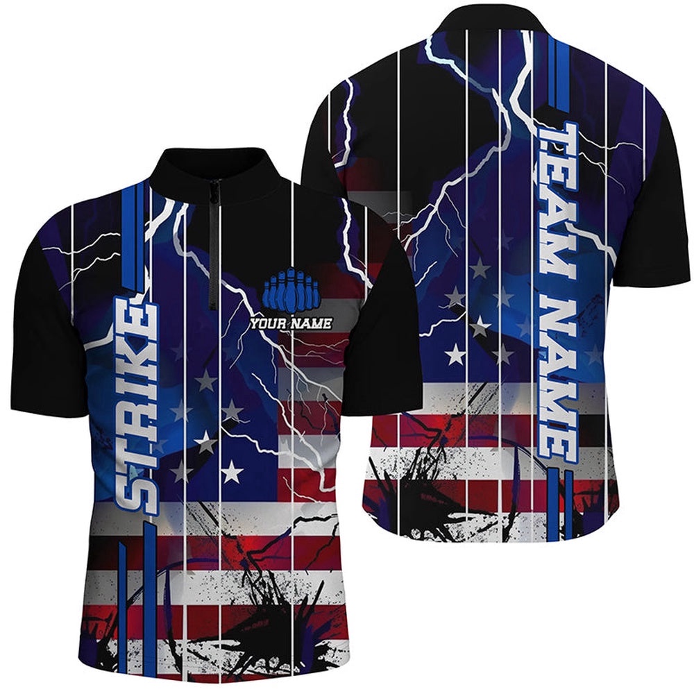 American Flag Lightning Strike Bowling Shirts For Team, Patriotic Unisex Bowling Jersey, Custom Bowling Team Jersey Shirt
