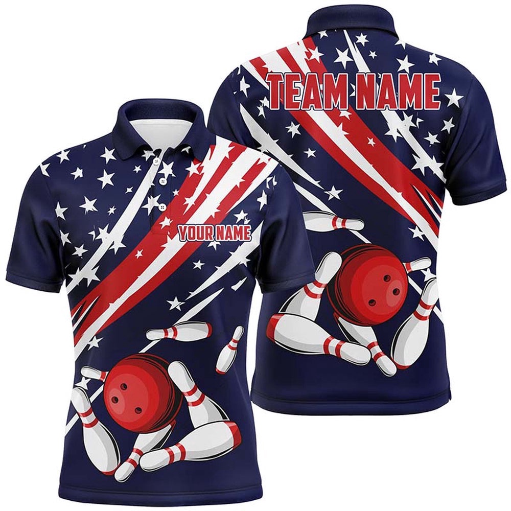 American Flag Men’s Bowling Polo Shirts For Team, Patriotic Strike Bowling Polo Shirt, Personalized Bowling Team Shirt