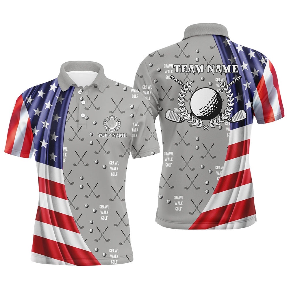 American Flag Patriot Men’s Golf Polo Shirts Custom Golf Clubs Pattern Crawl Walk Golf Tops For Men’s, Golf Polo Shirt, Golf Shirts