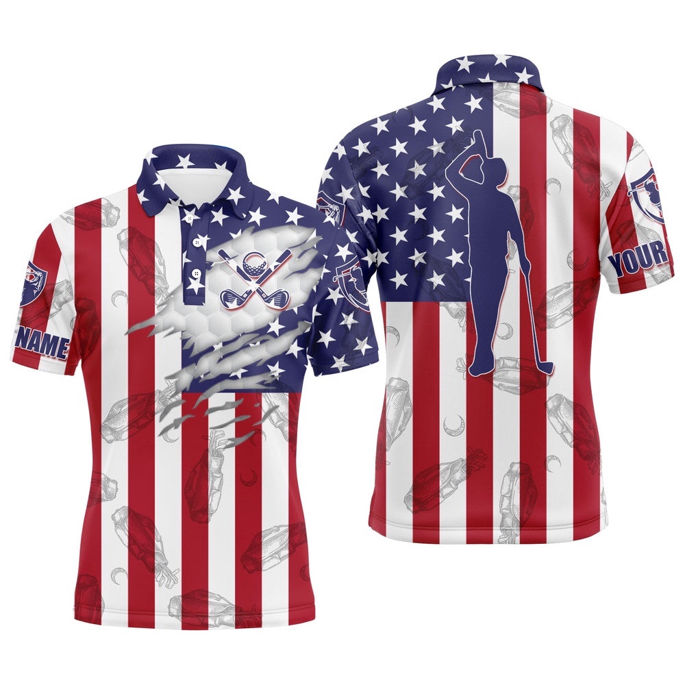 American Flag Patriotic Men’s Golf Polo Shirt Custom Golf Clubs Pattern Best Men’s Golf Wear, Golf Polo Shirt, Golf Shirts