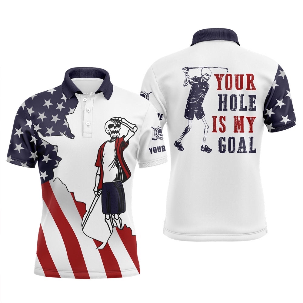 American Flag Patriotic Men’s Golf Polos Shirts Custom Name Funny Golf Skull Your Hole Is My Goal, Golf Polo Shirt, Golf Shirts
