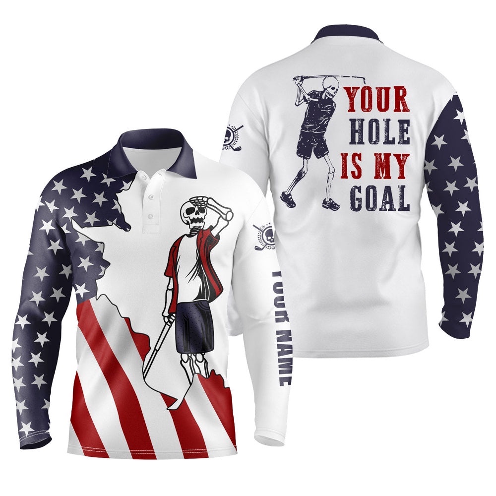 American Flag Patriotic Men’s Golf Polos Shirts Custom Name Funny Golf Skull Your Hole Is My Goal, Golf Polo Shirt, Golf Shirts