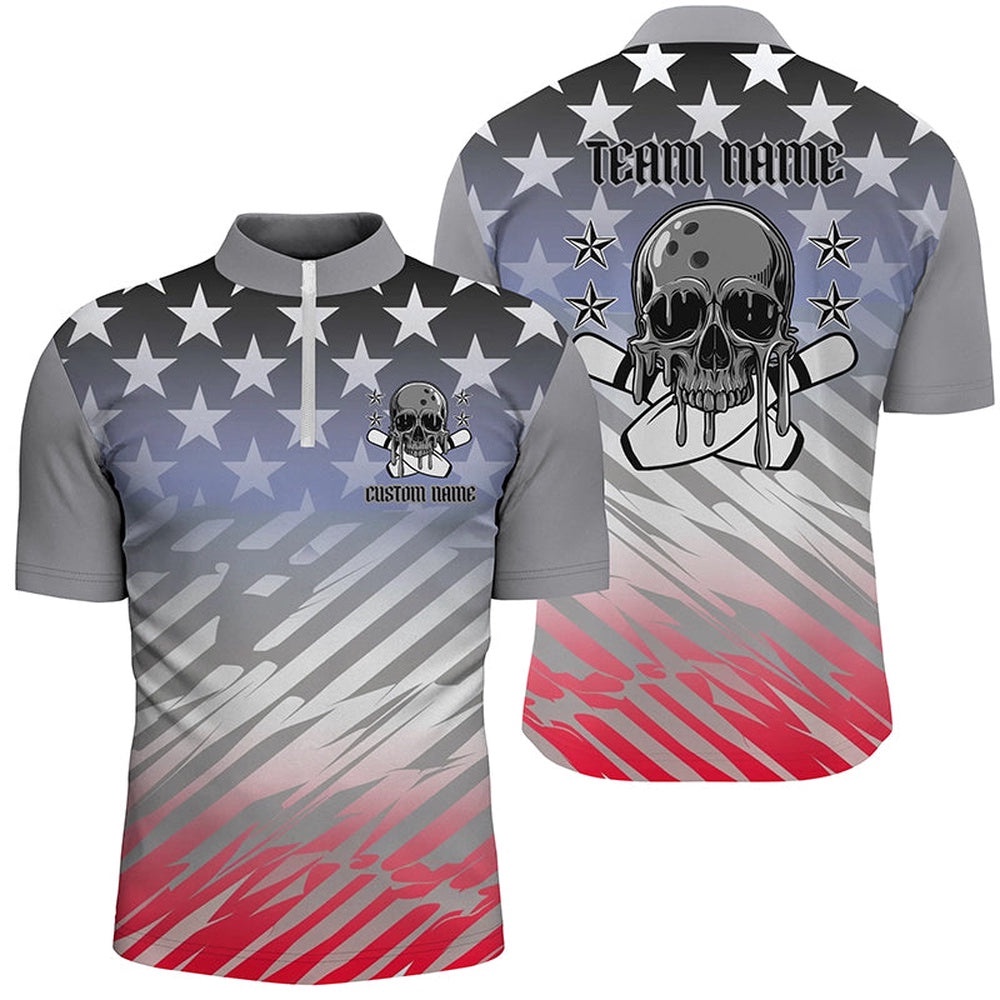American Flag Skull Bowling Shirts For Men And Women, Patriotic Team Bowling Jersey, Custom Bowling Team Jersey Shirt