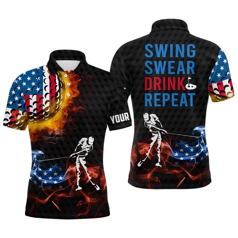 American Flag Swing Swear Drink Repeat Flame Patriotic Golf Shirts For Men, Golf Polo Shirt, Golf Shirts