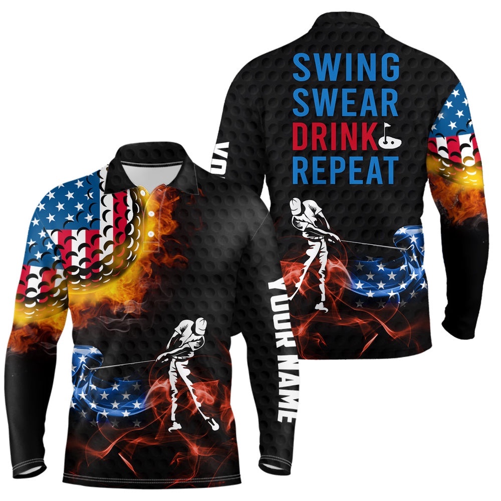 American Flag Swing Swear Drink Repeat Flame Patriotic Golf Shirts For Men, Golf Polo Shirt, Golf Shirts