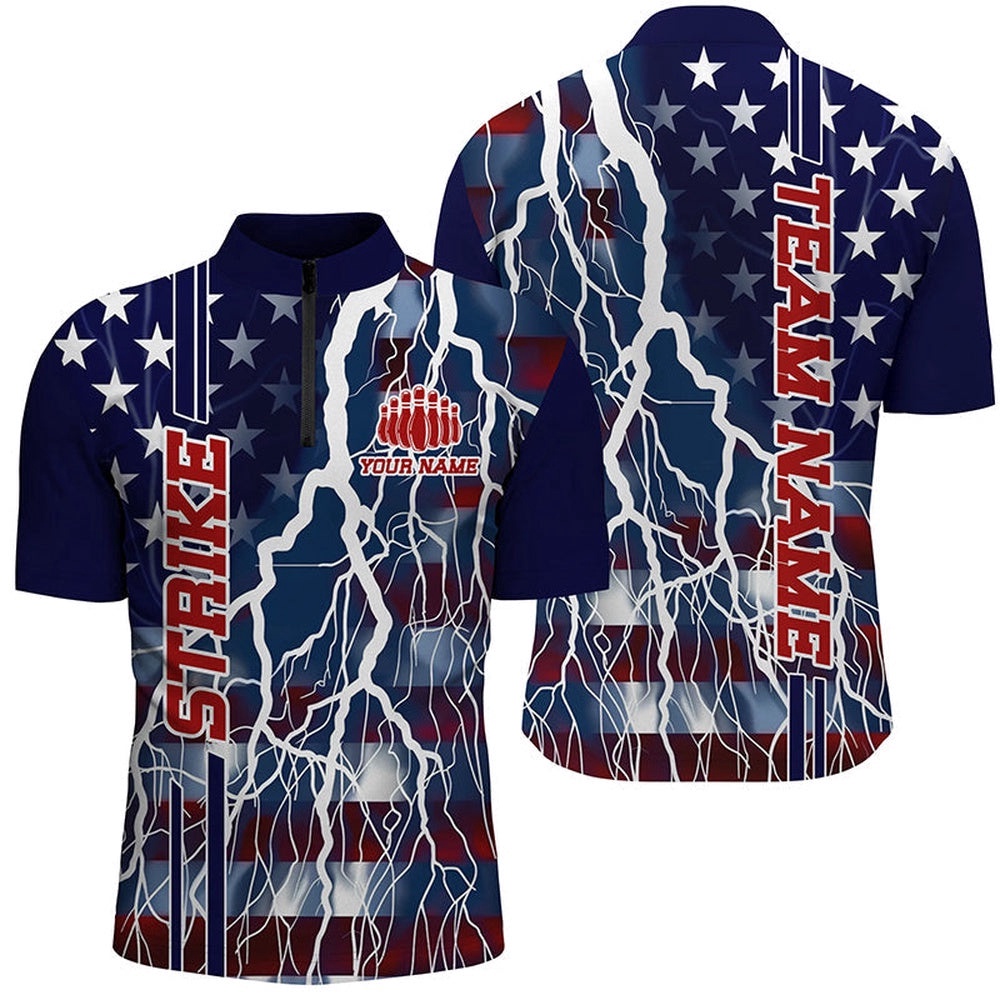 American Flag Thunder Lightning Strike Bowling Team Shirts, Patriotic Unisex Bowling Jersey, Custom Bowling Team Jersey Shirt