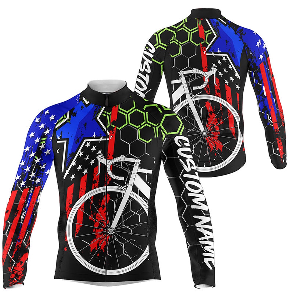 American Mens Cycling Jersey Custom Name Usa Bike Shirts With 3 Rear Pockets  And  Full Zip, Custom Mono Cycling Jersey