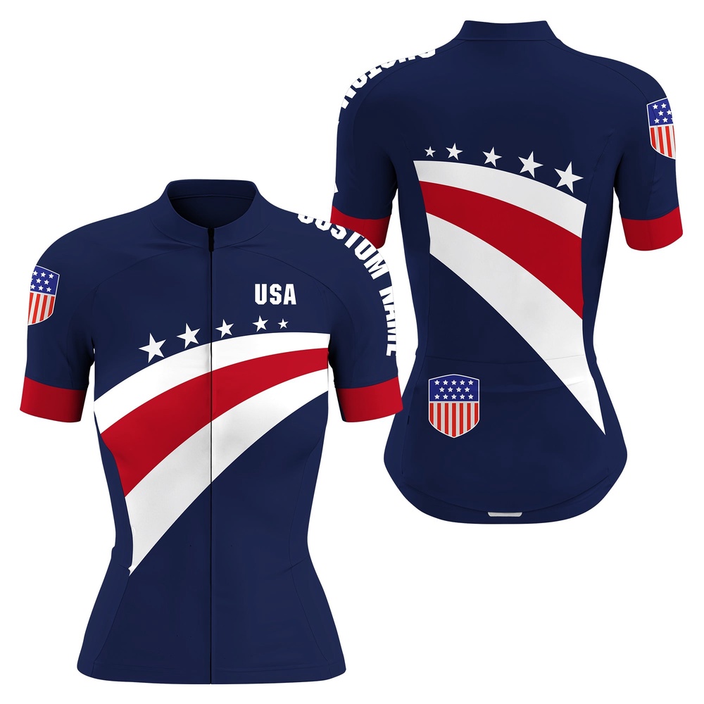 American Women Cycling Jersey With 3 Pockets Usa Bike Shirts Full Zip Cycle Gear, Custom Mono Cycling Jersey