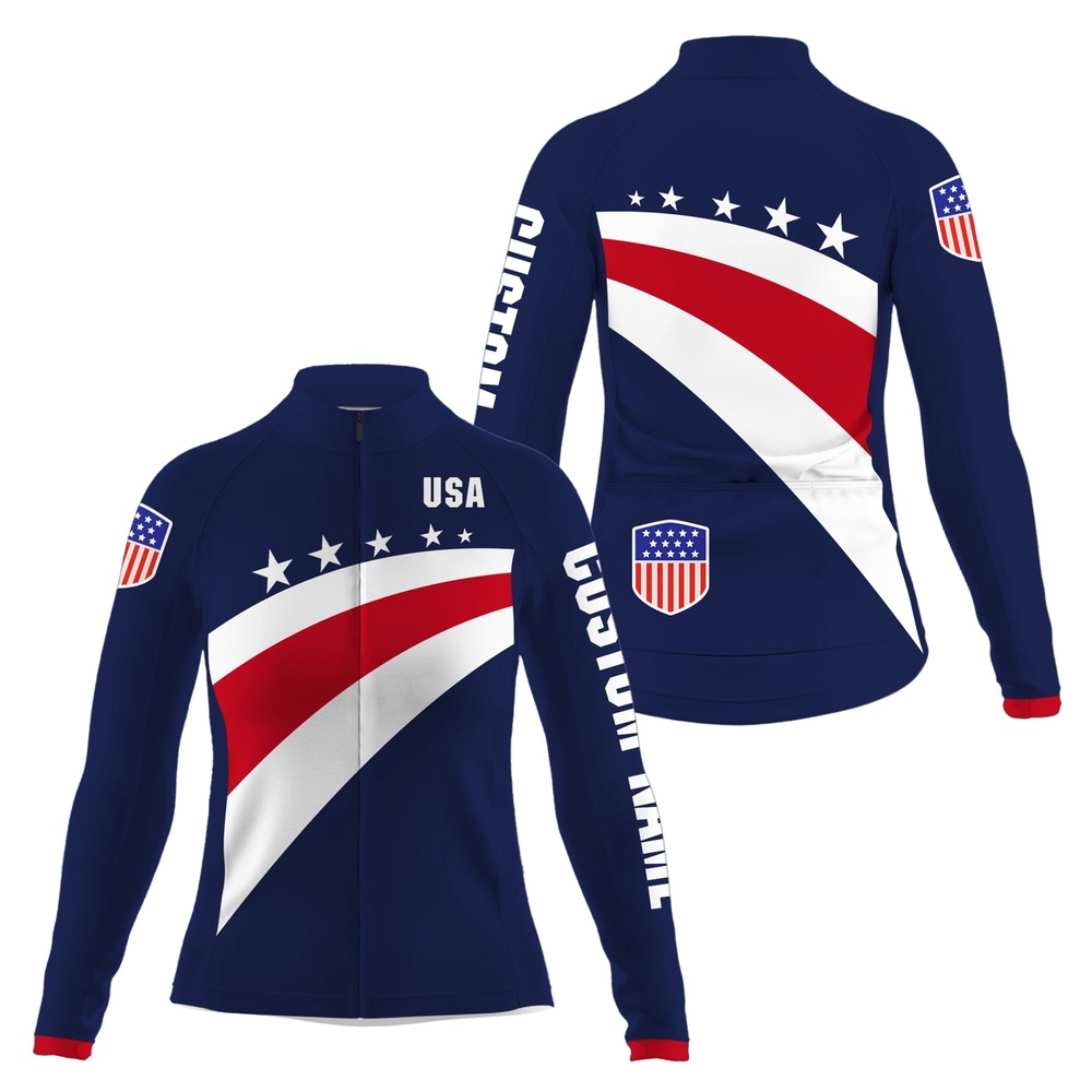 American Women Cycling Jersey With 3 Pockets Usa Bike Shirts Full Zip Cycle Gear, Custom Mono Cycling Jersey