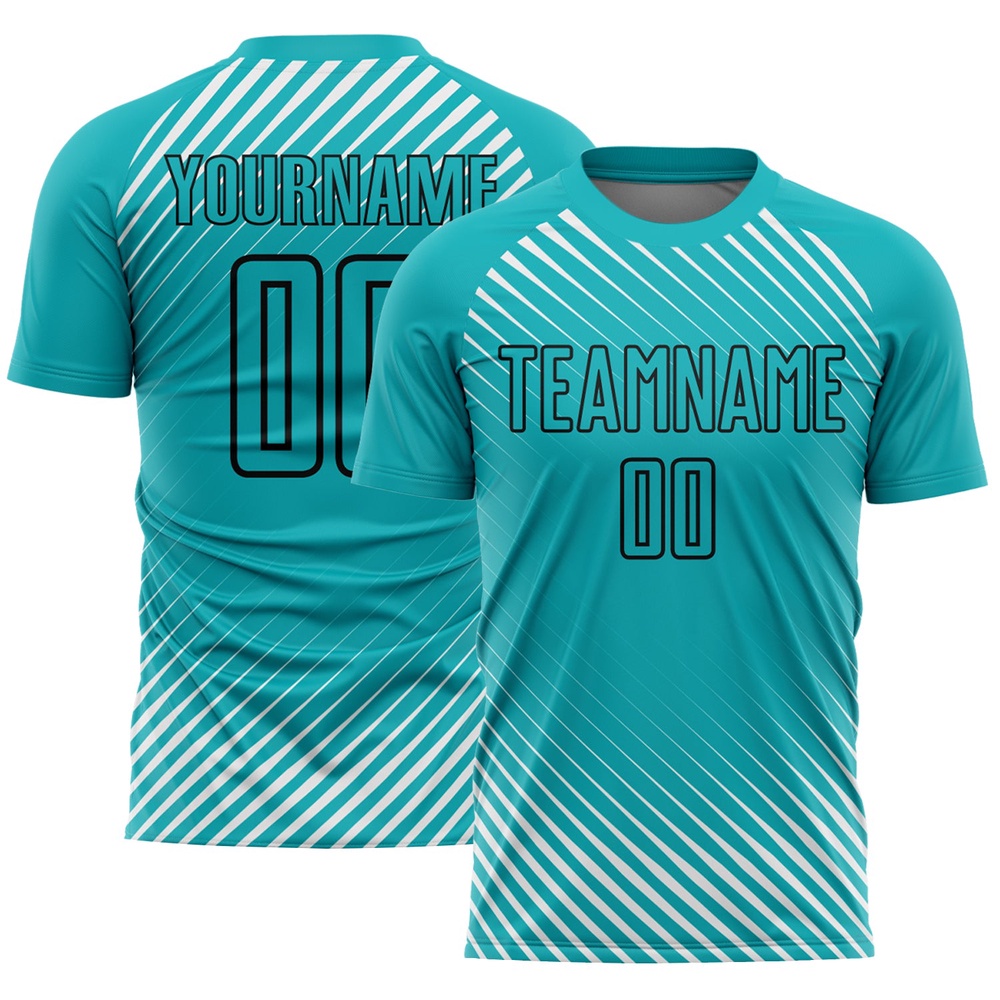 Aqua Black Diagonal Lines Sublimation Soccer Uniform Jersey, Custom Team Soccer Jersey Shirt