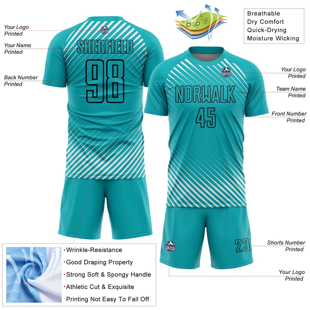 Aqua Black Diagonal Lines Sublimation Soccer Uniform Jersey, Custom Team Soccer Jersey Shirt