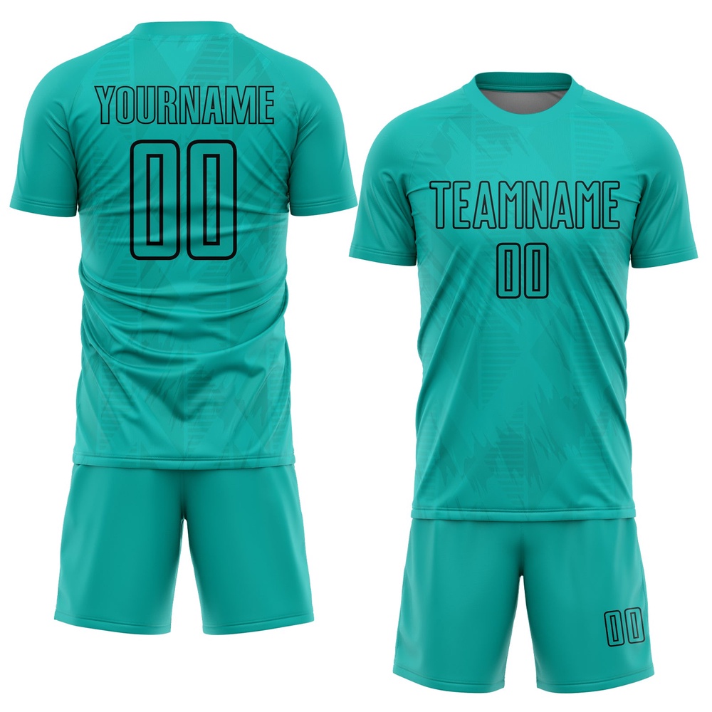 Aqua Black Geometric Shapes Sublimation Soccer Uniform Jersey, Custom Team Soccer Jersey Shirt
