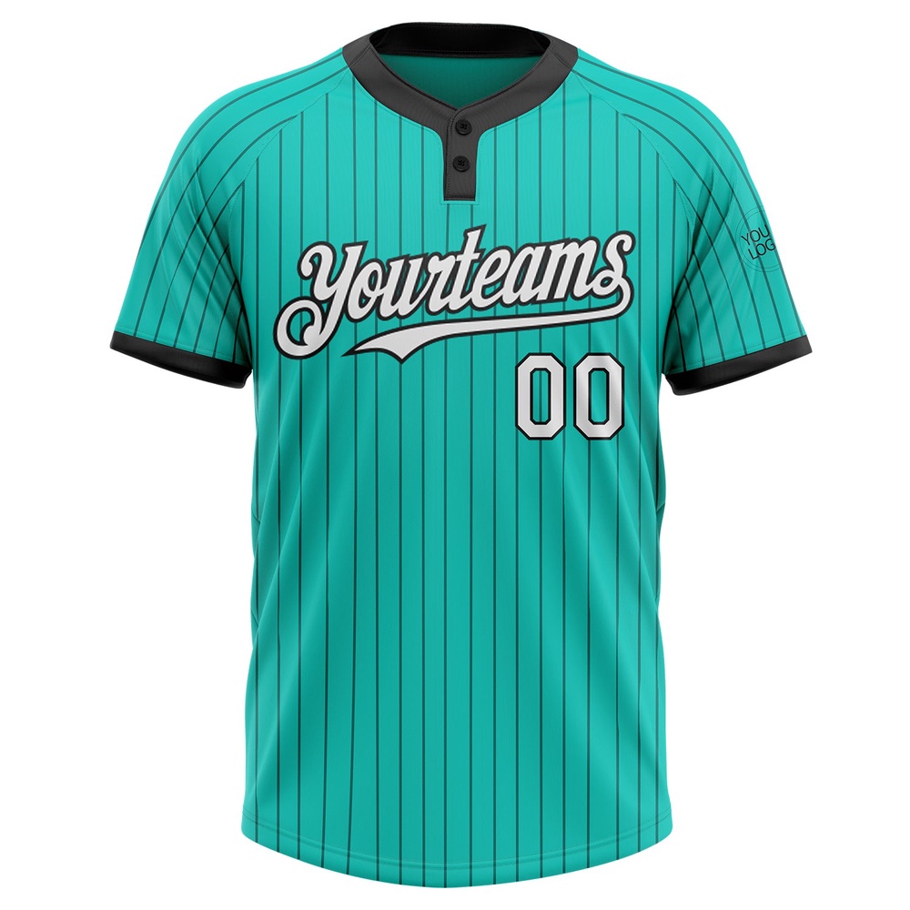 Aqua Black Pinstripe White Two Button Unisex Softball Jersey, Custom Team Softball Jersey