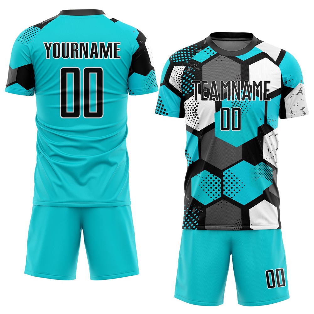 Aqua Black White Sublimation Soccer Uniform Jersey, Custom Team Soccer Jersey Shirt