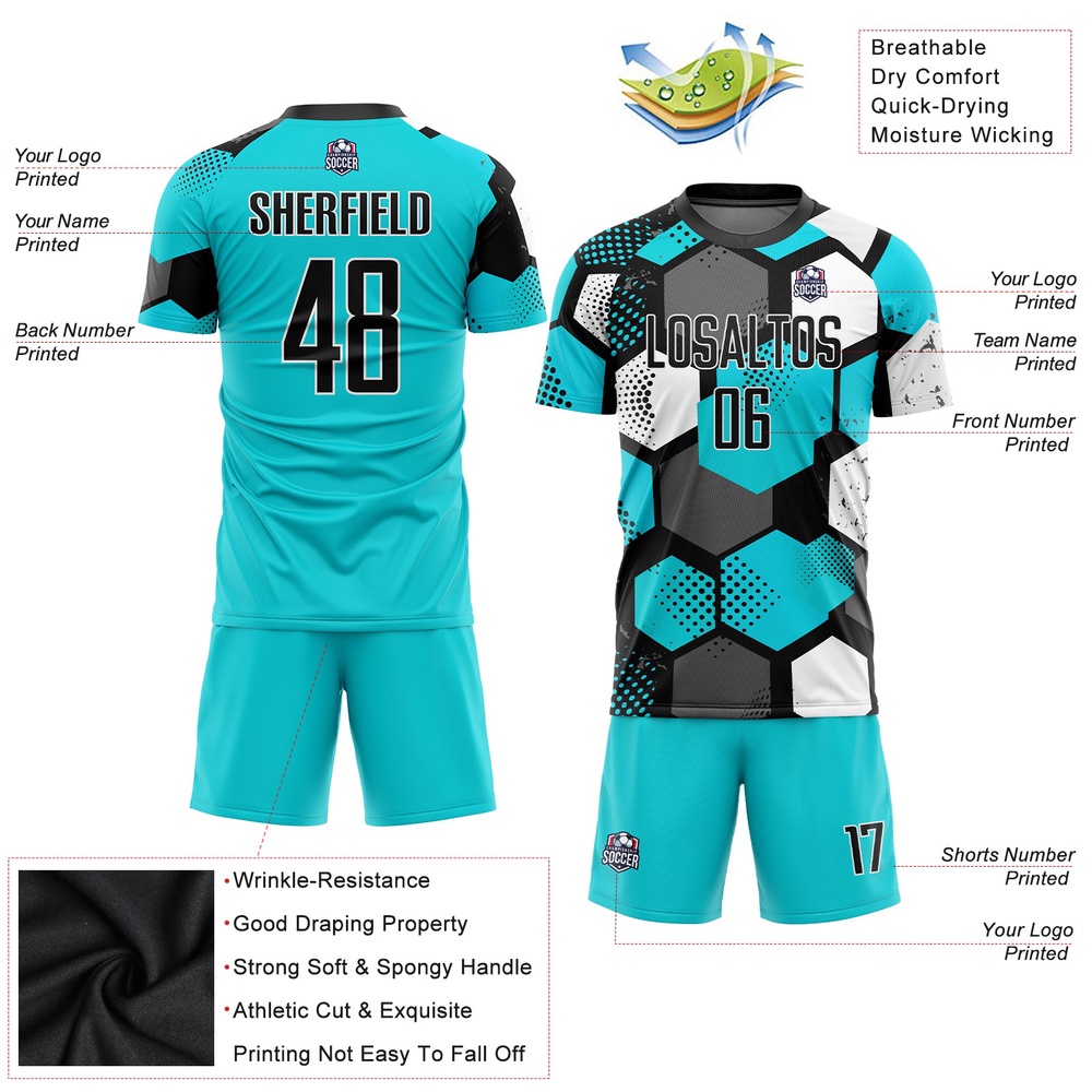 Aqua Black White Sublimation Soccer Uniform Jersey, Custom Team Soccer Jersey Shirt