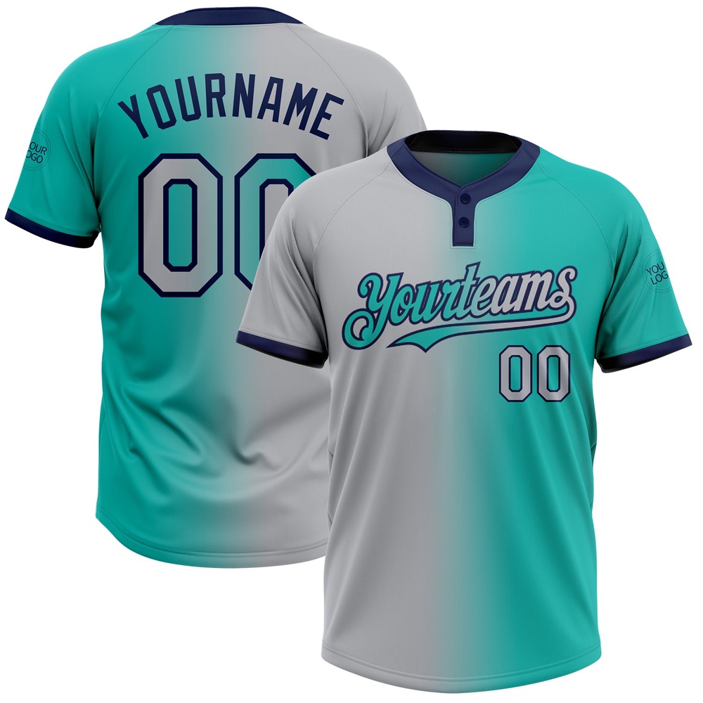 Aqua Gray Navy Gradient Fashion Two Button Unisex Softball Jersey, Custom Team Softball Jersey