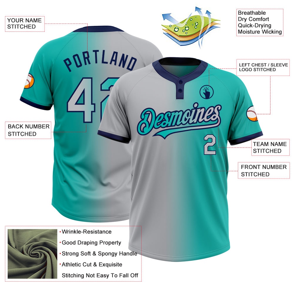 Aqua Gray Navy Gradient Fashion Two Button Unisex Softball Jersey, Custom Team Softball Jersey