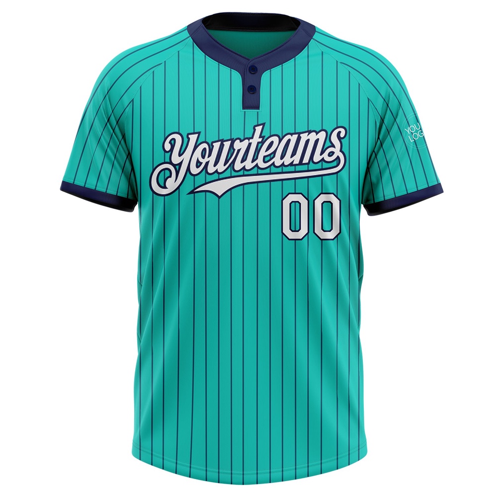 Aqua Navy Pinstripe White Two Button Unisex Softball Jersey, Custom Team Softball Jersey