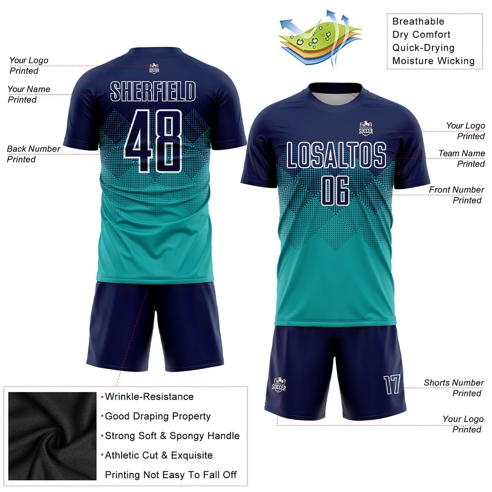 Aqua Navy White Sublimation Soccer Uniform Jersey, Custom Team Soccer Jersey Shirt