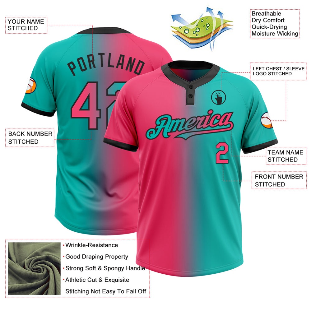 Aqua Neon Pink Black Gradient Fashion Two Button Unisex Softball Jersey, Custom Team Softball Jersey